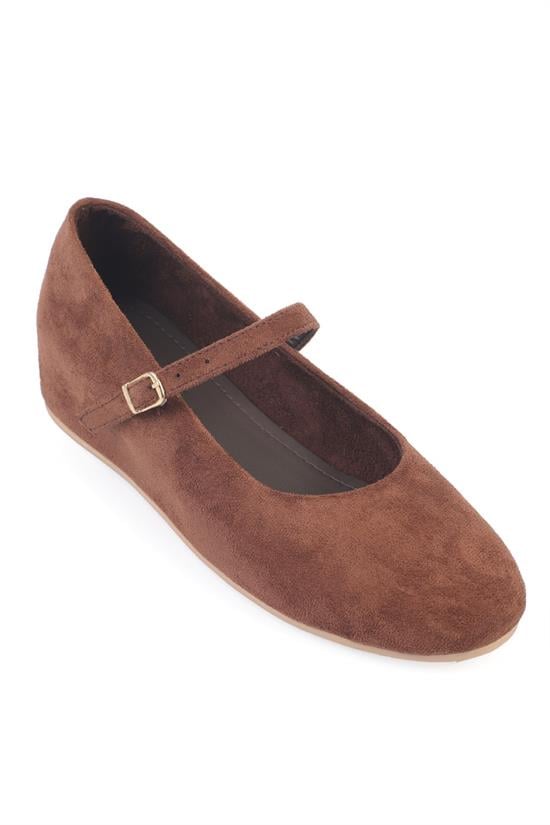 Capone Joell  Suede Look Hidden Wedge Metal Buckle Women Sued Brown Ballet Flat