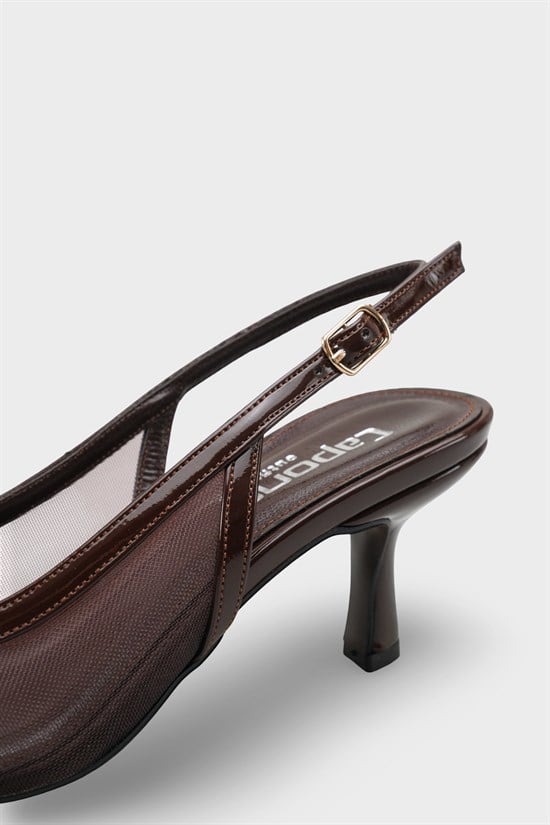 Capone Joya Mesh Pointed Toe Open Back Mid Heel Women Brown Shoe image 5