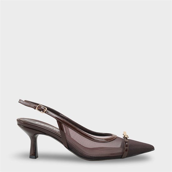 Capone Joya Mesh Pointed Toe Open Back Mid Heel Women Brown Shoe image 2