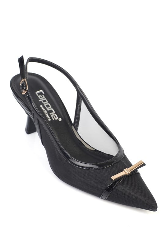 Capone Joya Mesh Pointed Toe Open Back Mid Heel Women Black Shoe