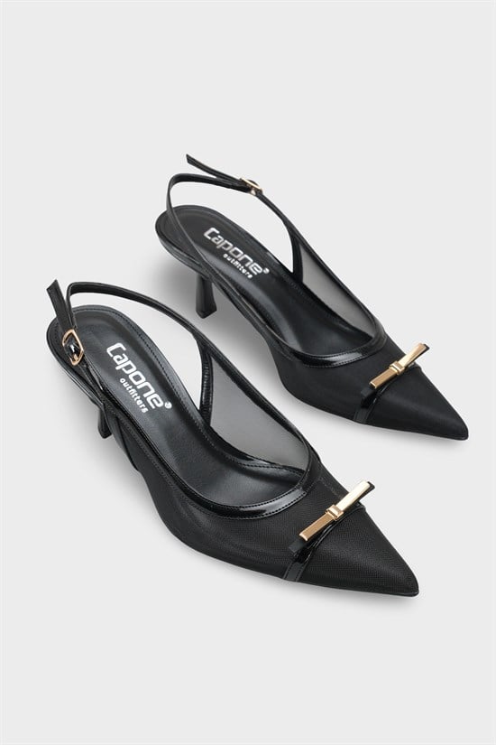 Capone Joya Mesh Pointed Toe Open Back Mid Heel Women Black Shoe image 3