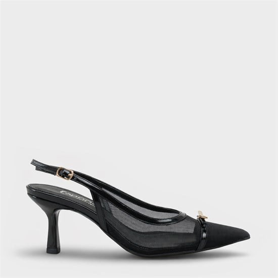 Capone Joya Mesh Pointed Toe Open Back Mid Heel Women Black Shoe image 2