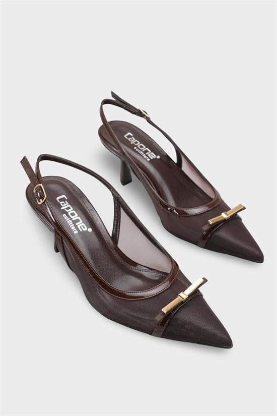 Capone Joya Mesh Pointed Toe Open Back Mid Heel Women Brown Shoe image 3