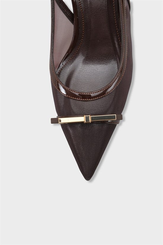 Capone Joya Mesh Pointed Toe Open Back Mid Heel Women Brown Shoe image 4