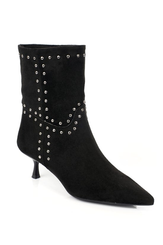 Capone Juliana Stud Detail Pull-On Pointed Toe Heeled Casual Suede Look Women Sued Black Ankle Boot