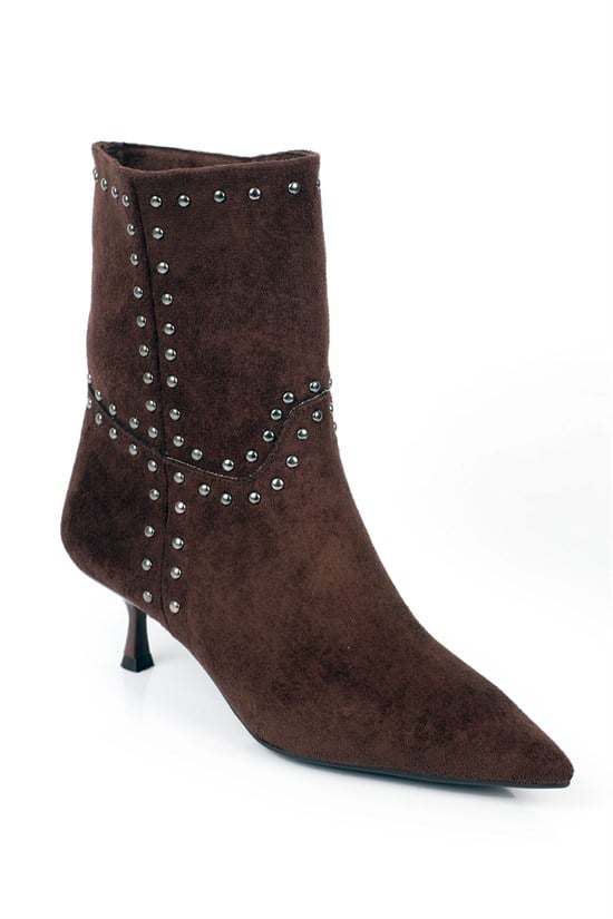 Capone Juliana Stud Detail Pull-On Pointed Toe Heeled Casual Suede Look Women Sued Brown Ankle Boot