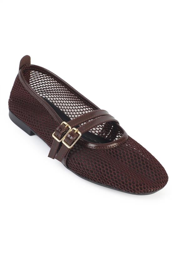 Capone June Buckle Double Strap Mesh Round Toe Flat Heel Casual Women Brown Ballet Flat