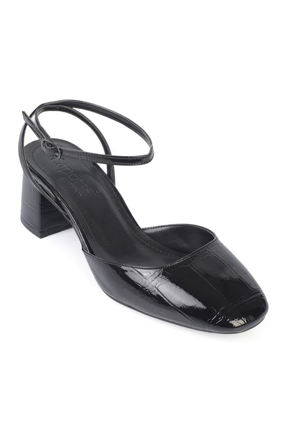 Capone Karmen Round Toe Ankle Strap Mid Heel Croc Effect Women Patent Black Shoe