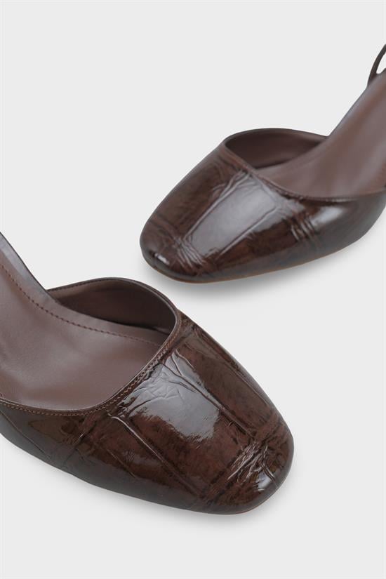 Capone Karmen Round Toe Ankle Strap Mid Heel Croc Effect Women Brown Shoe image 4