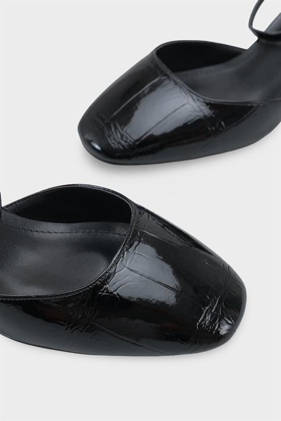 Capone Karmen Round Toe Ankle Strap Mid Heel Croc Effect Women Patent Black Shoe image 5