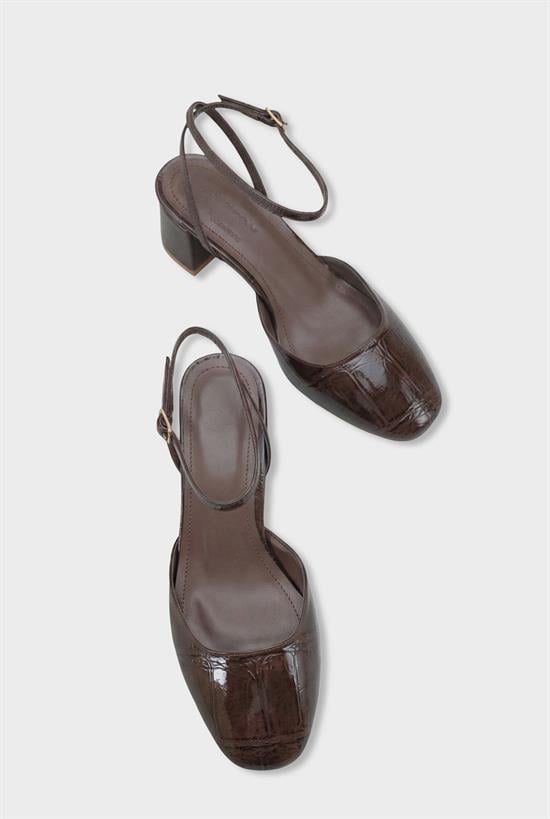 Capone Karmen Round Toe Ankle Strap Mid Heel Croc Effect Women Brown Shoe image 5