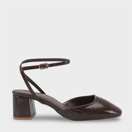 Capone Karmen Round Toe Ankle Strap Mid Heel Croc Effect Women Brown Shoe image 2