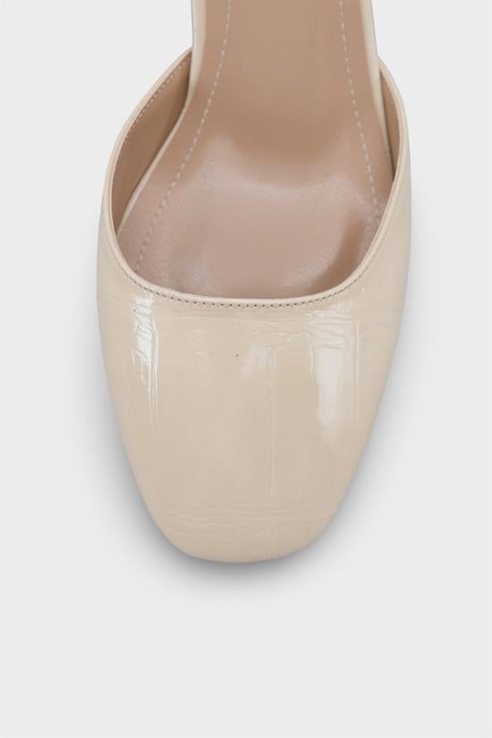 Capone Karmen Round Toe Ankle Strap Mid Heel Croc Effect Women Beige Shoe image 4