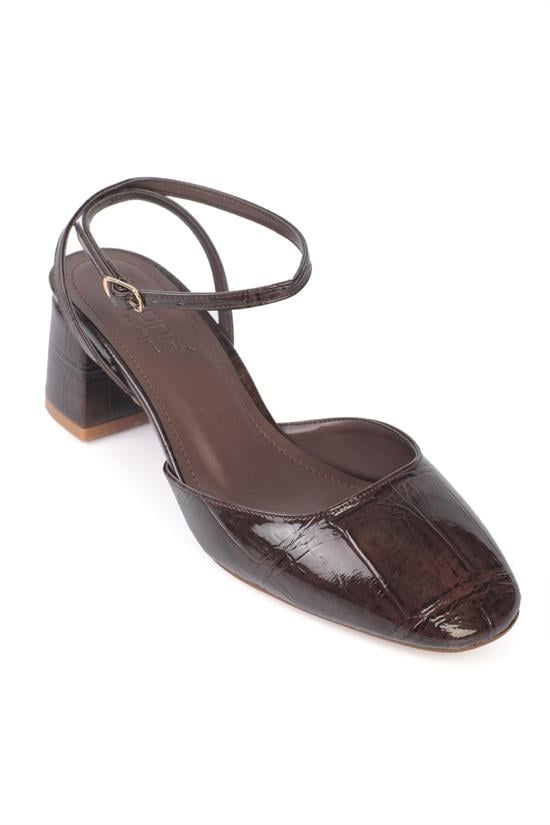 Capone Karmen Round Toe Ankle Strap Mid Heel Croc Effect Women Brown Shoe