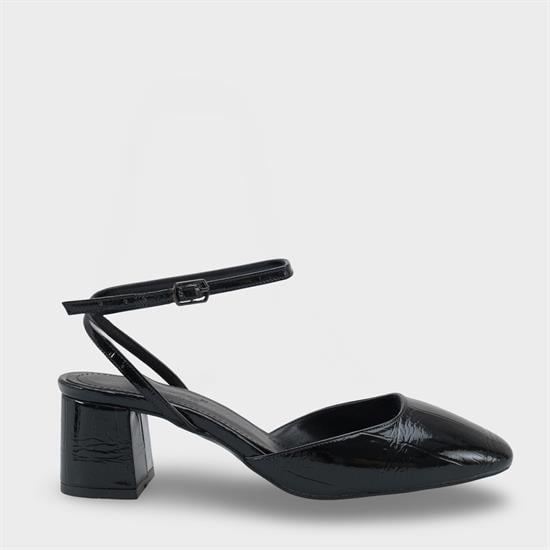 Capone Karmen Round Toe Ankle Strap Mid Heel Croc Effect Women Patent Black Shoe image 2