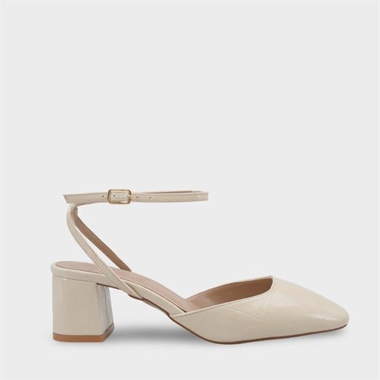 Capone Karmen Round Toe Ankle Strap Mid Heel Croc Effect Women Beige Shoe image 2