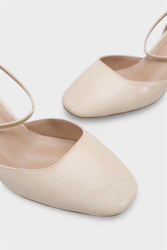 Capone Karmen Round Toe Ankle Strap Mid Heel Croc Effect Women Beige Shoe image 5