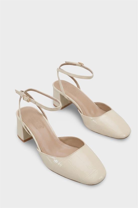 Capone Karmen Round Toe Ankle Strap Mid Heel Croc Effect Women Beige Shoe image 3