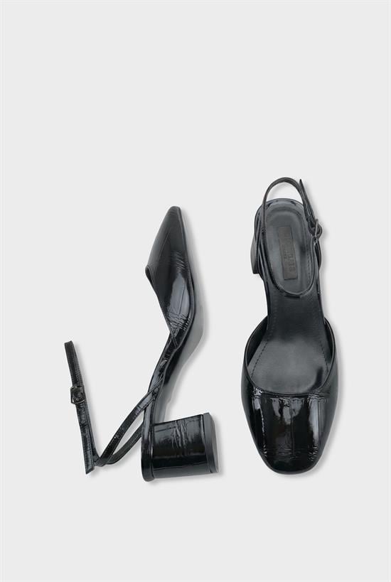 Capone Karmen Round Toe Ankle Strap Mid Heel Croc Effect Women Patent Black Shoe image 6