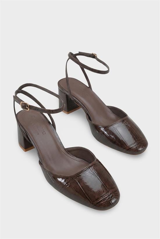Capone Karmen Round Toe Ankle Strap Mid Heel Croc Effect Women Brown Shoe image 3