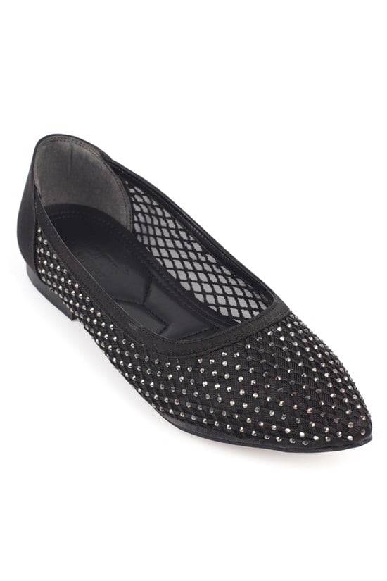 Capone Kathlene Pointed Toe Crystal Embellished Mesh Women Satin Black Wedding Ballet Flat