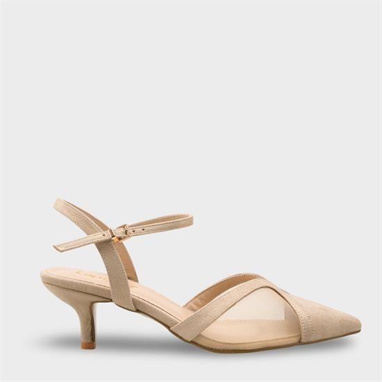 Capone Kathryn Genuine Leather Lined Pointed Toe Mid Heel Mesh Suede Look Open Back Women Sued Beige Shoe image 2