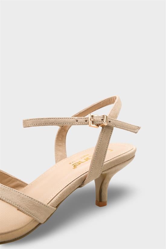 Capone Kathryn Genuine Leather Lined Pointed Toe Mid Heel Mesh Suede Look Open Back Women Sued Beige Shoe image 5