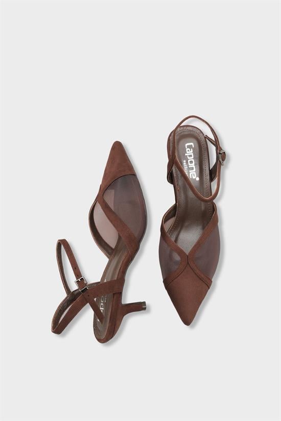 Capone Kathryn Genuine Leather Lined Pointed Toe Mid Heel Mesh Suede Look Open Back Women Sued Brown Shoe image 6