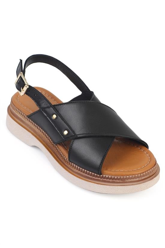 Capone  Katy Genuine Leather Soft Comfort Wedge Heel Women Black Sandal