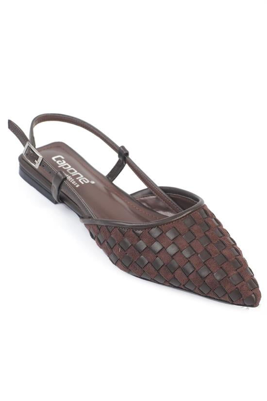 Capone Kay Pointed Toe Suede Look Woven Slingback Women Sued Brown Ballet Flat