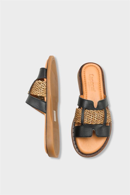 Capone Kayla Genuine Leather Raffia Flat Heel Women Black Sandal image 6