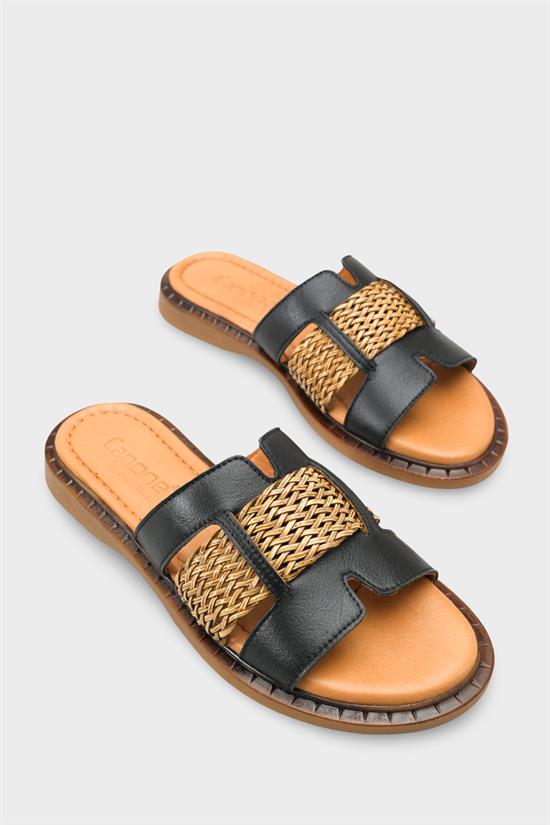 Capone Kayla Genuine Leather Raffia Flat Heel Women Black Sandal image 3