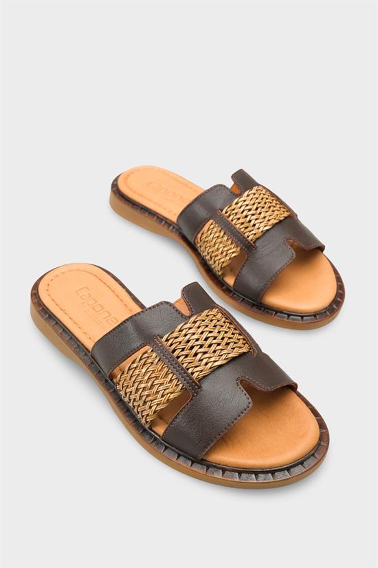 Capone Kayla Genuine Leather Raffia Flat Heel Women Brown Sandal image 3