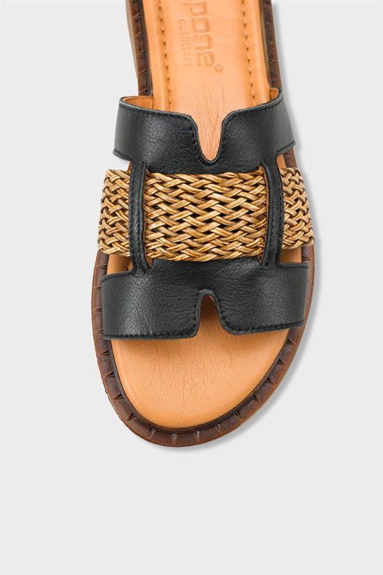 Capone Kayla Genuine Leather Raffia Flat Heel Women Black Sandal image 4