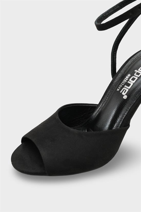 Capone Kenna Genuine Leather Lined Round Toe Mid Heel Ankle Strap Suede Look Women Sued Black Shoe image 4