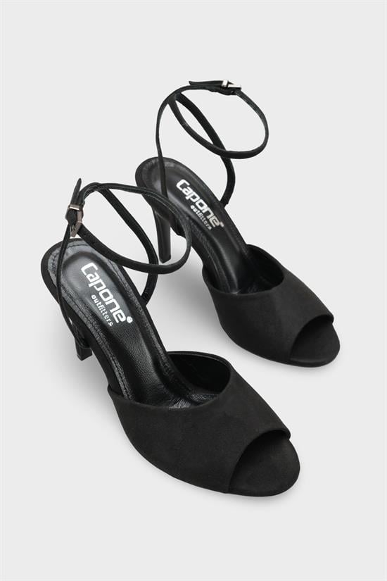 Capone Kenna Genuine Leather Lined Round Toe Mid Heel Ankle Strap Suede Look Women Sued Black Shoe image 3