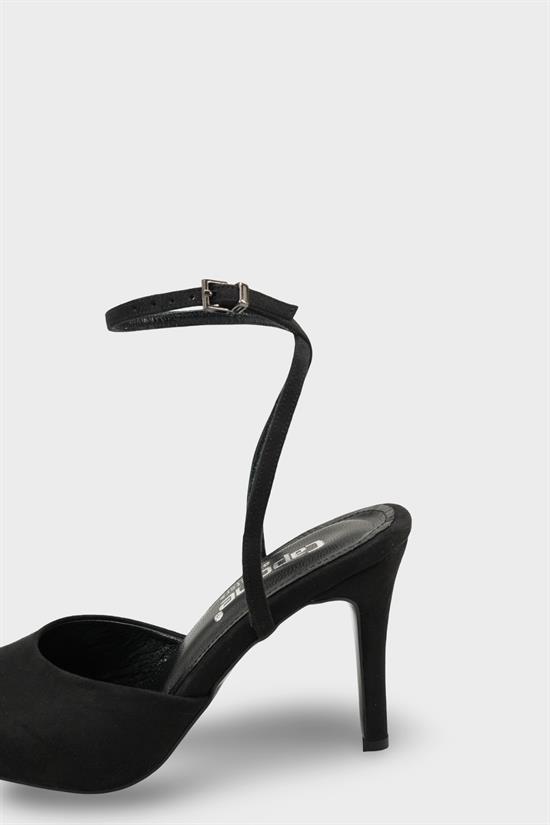 Capone Kenna Genuine Leather Lined Round Toe Mid Heel Ankle Strap Suede Look Women Sued Black Shoe image 5