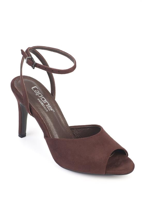 Capone Kenna Genuine Leather Lined Round Toe Mid Heel Ankle Strap Suede Look Women Sued Brown Shoe image 1