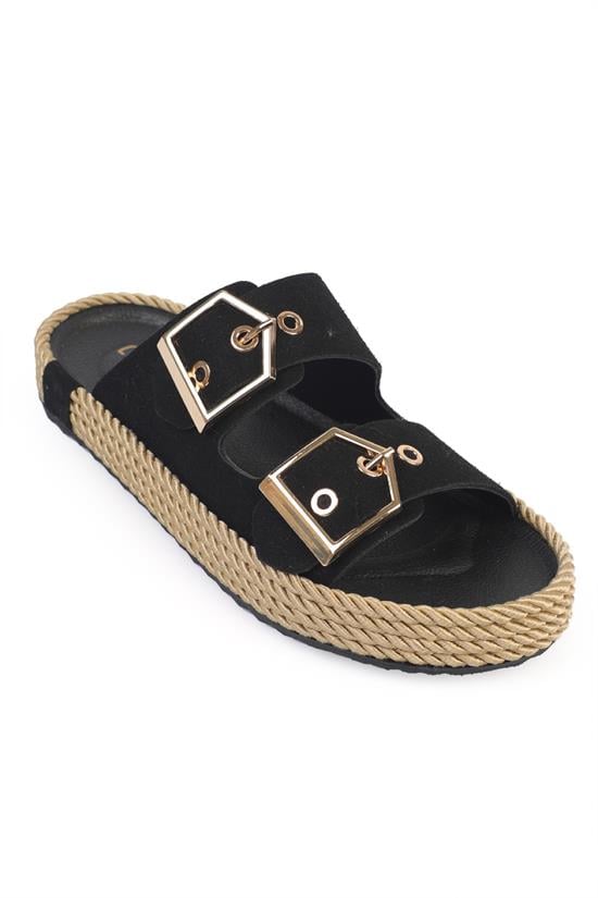 Capone Keslie Suede Look Metal Buckle Comfort Women Black Sandal