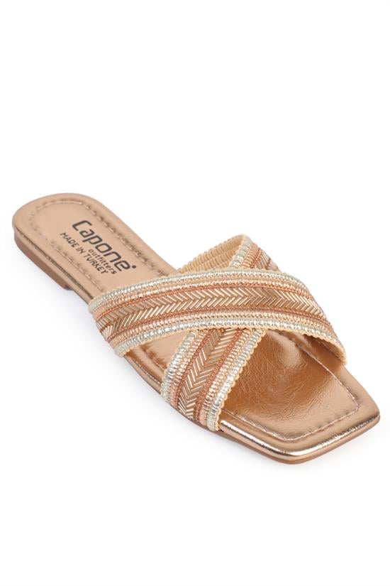 Capone Ketty Flat Heel Shiny Blunt Toe Cross Strap Women Rose Sandals