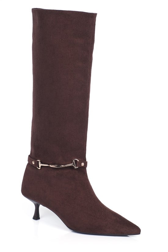 Capone Kiara Suede Look Ankle Accessory Pointed Toe Slim Heel Elegant Women Sued Brown Boot