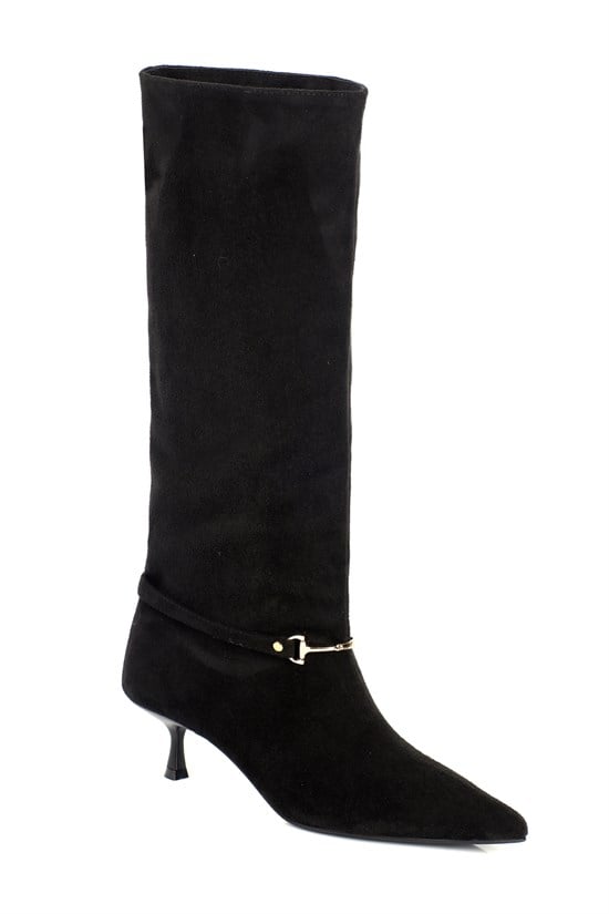 Capone Kiara Suede Look Ankle Accessory Pointed Toe Slim Heel Elegant Women Sued Black Boot