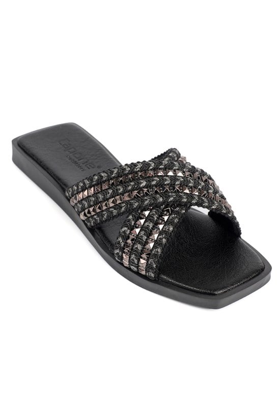 Capone Kyla Flat Heel Blunt Toe Metallic Cross Strap Women Black Platinum Sandals