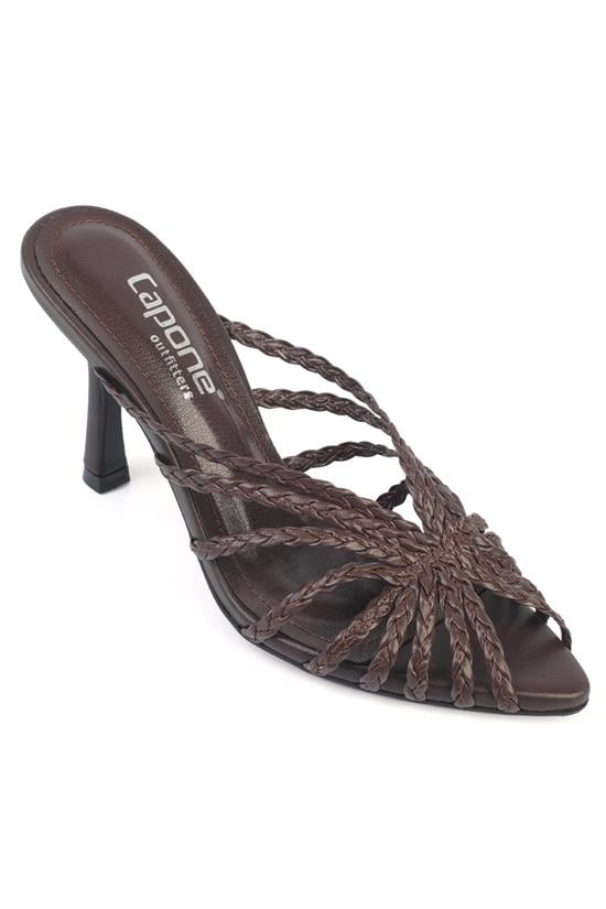 Capone Lacie Woven Mid Heel Elegant Women Brown Sandal