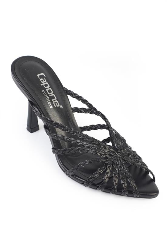 Capone Lacie Woven Mid Heel Elegant Women Black Sandal