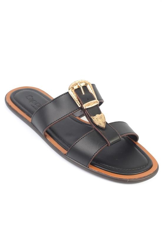 Capone Lanni Buckle Flat Heel Women Black Sandal
