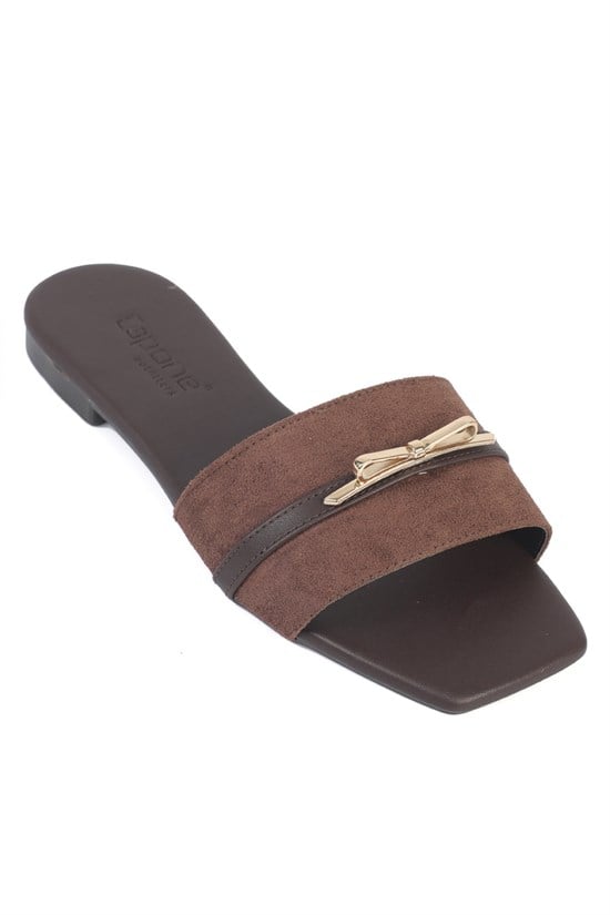 Capone Larina Square Toe Suede Look Single Band Flat Heel Women Sued Brown Sandal