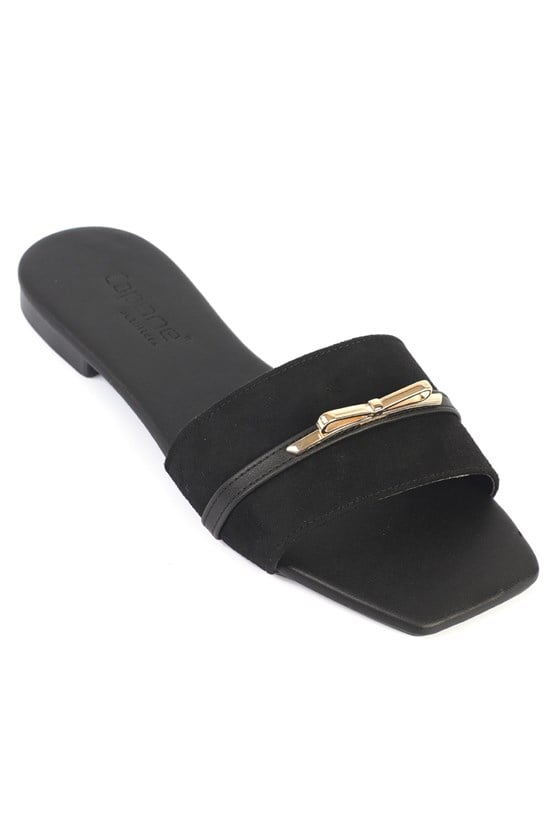 Capone Larina Square Toe Suede Look Single Band Flat Heel Women Sued Black Sandal
