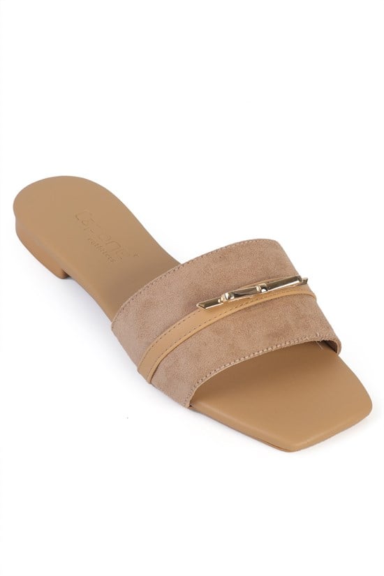 Capone Larina Square Toe Suede Look Single Band Flat Heel Women Sued Nude Sandal