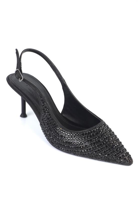 Capone Laryssa Fully Crystal Embellished Pointed Toe Satin Open Back Women Satin Black Wedding Heel Shoe